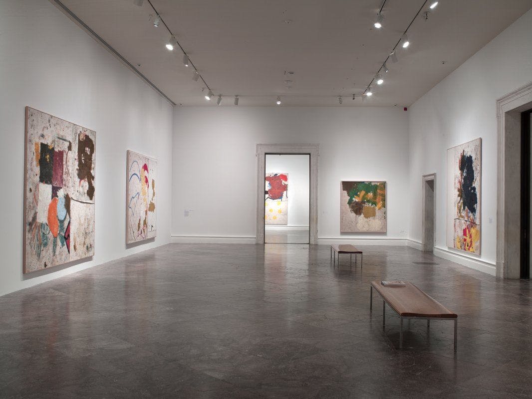 Installation view of the exhibition, Joe Bradley, at the Buffalo AKG Art Museum in Buffalo, New York, dated 2017.